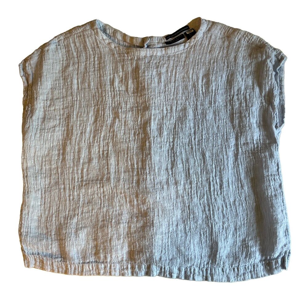 Tahari 100% Linen European Flax Top Women’s L Blue Back Button Sleeveless Resort